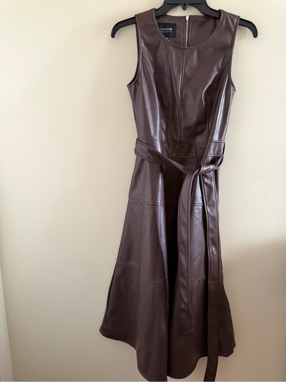 New! Fashion Collection Faux Leather Brown Midi Dress with Waist Tie